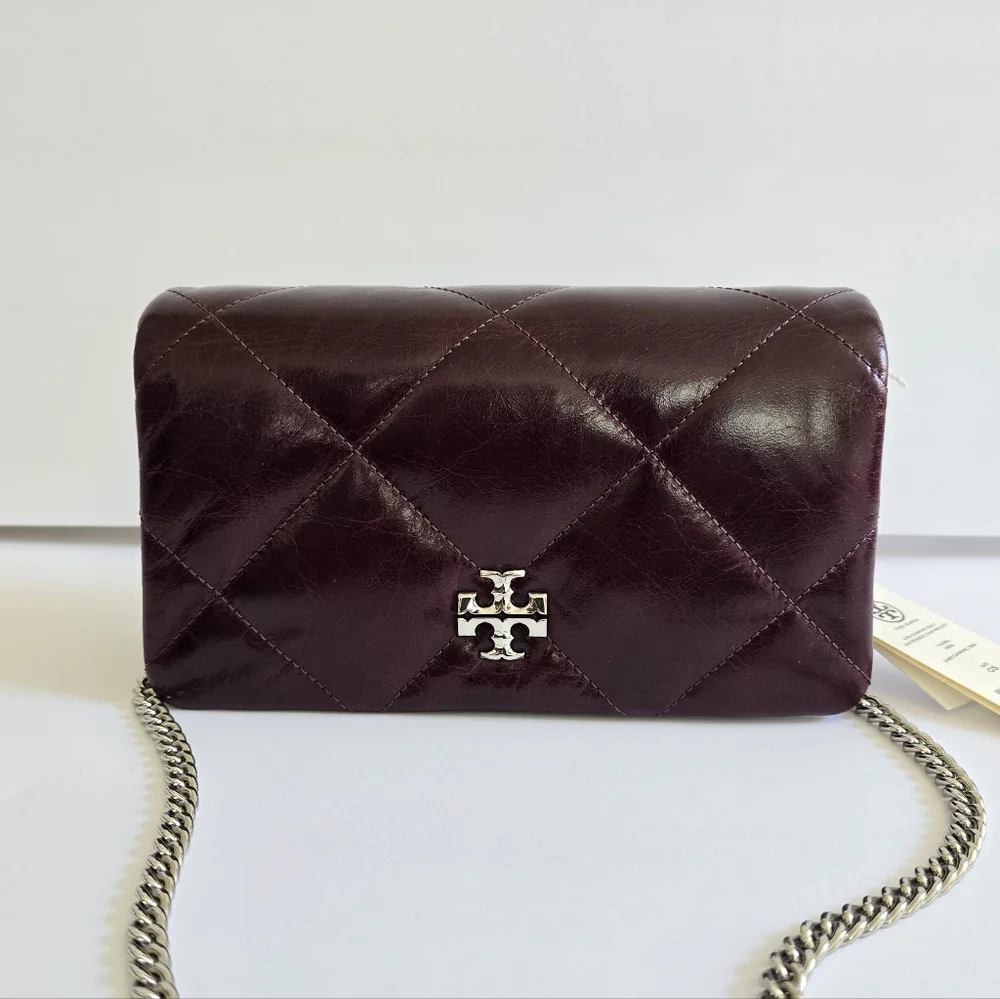 Tory Burch Kira Diamond Distressed Leather Chain Wallet Dark Carmine